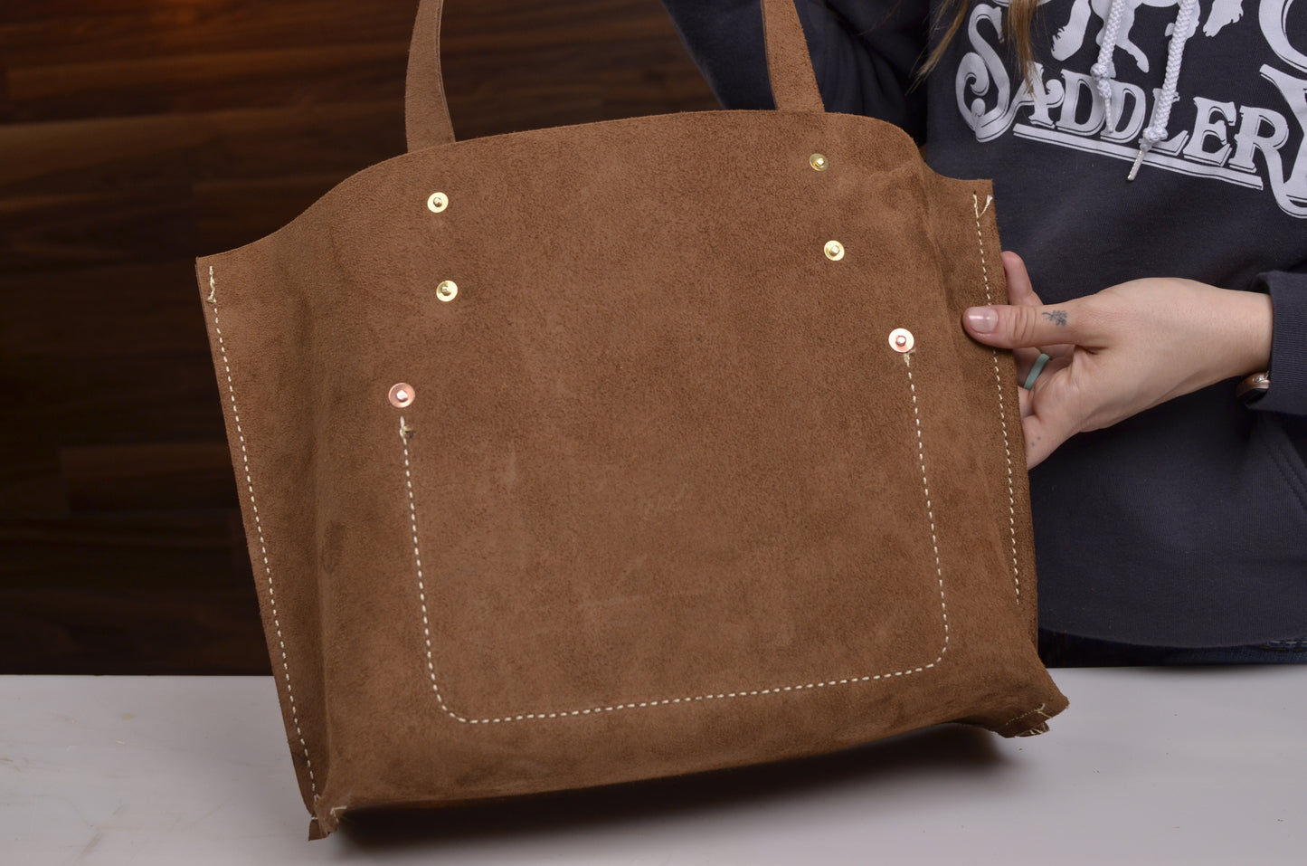 DIY Leather Tote with a Tooled Front Pocket
